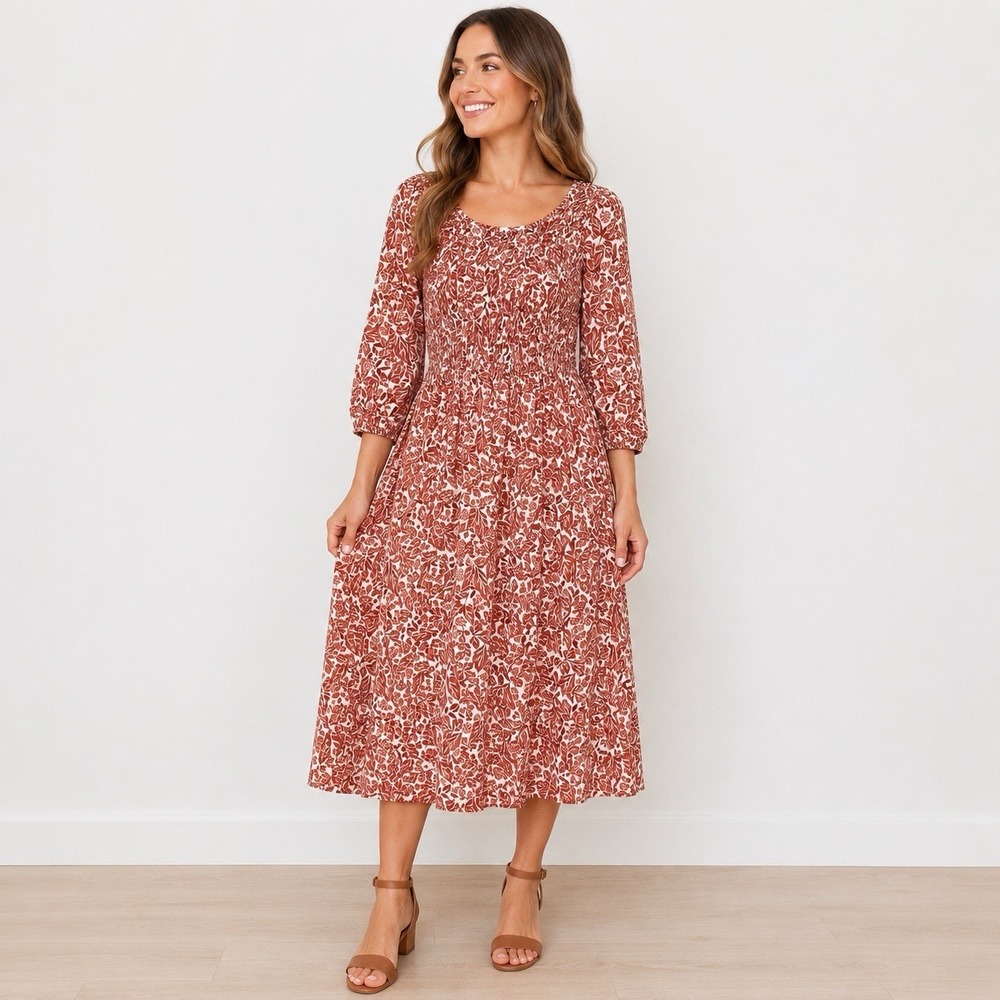 Croft & Barrow Floral Midi Dress L Smocked Stretch Cottagecore Boho Prairie Rust